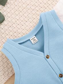 SHEIN Ensemble de 3 pièces de gilet sans manche en tricot solide pour bébé garçon et fillette avec veste, chemise à manches courtes et shorts - Bleu azur - Voir 9