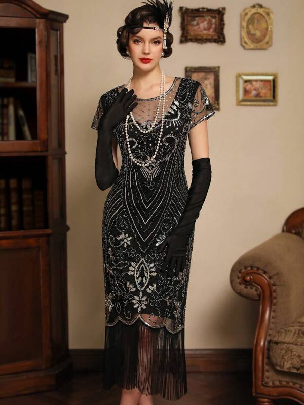 LVNES 1920 年代装饰艺术流苏亮片连衣裙咆哮的 20 年代轻佻女郎返校节连衣裙