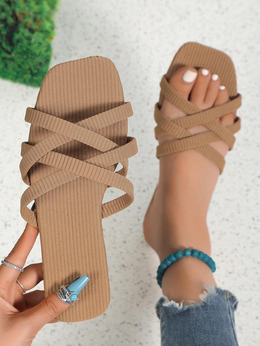Dép đế bằng hở mũi quai chéo thời trang xuân/hè/thu 2025 cho nữ, mới, giản dị, thanh lịch, lãng mạn, thời trang, đa năng, thích hợp đi biển, nghỉ dưỡng, chống trượt, dép đế bằng thoải mái - màu nâu - Xem 1
