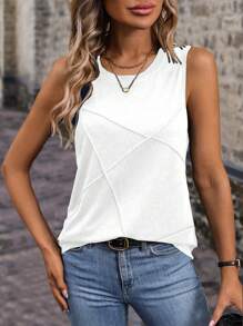 SHEIN LUNE 夏季實色休閒背心外縫線設計 - 白色 - 查看 3