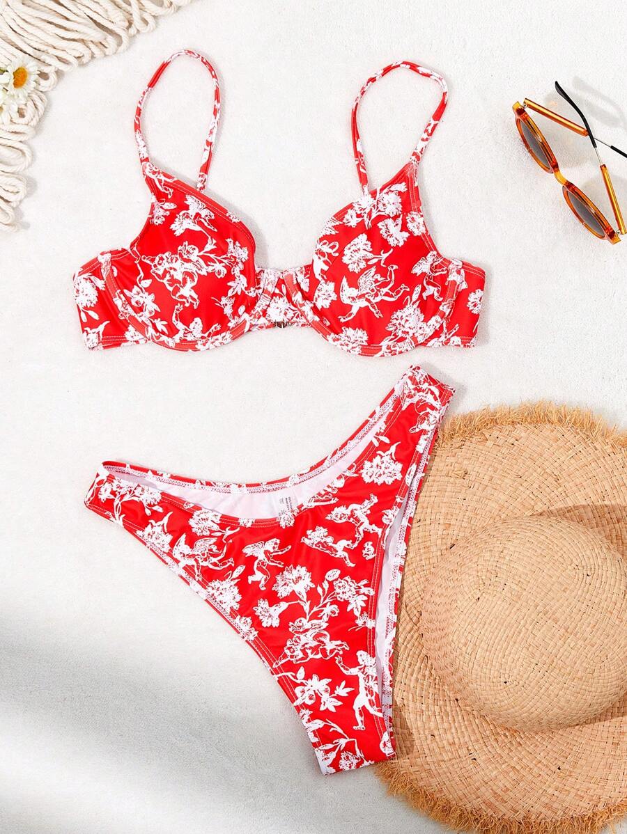 SHEIN Swim Women Full-Frame Floral Print Bikini Set With Underwire Summer - Red and White - View 1