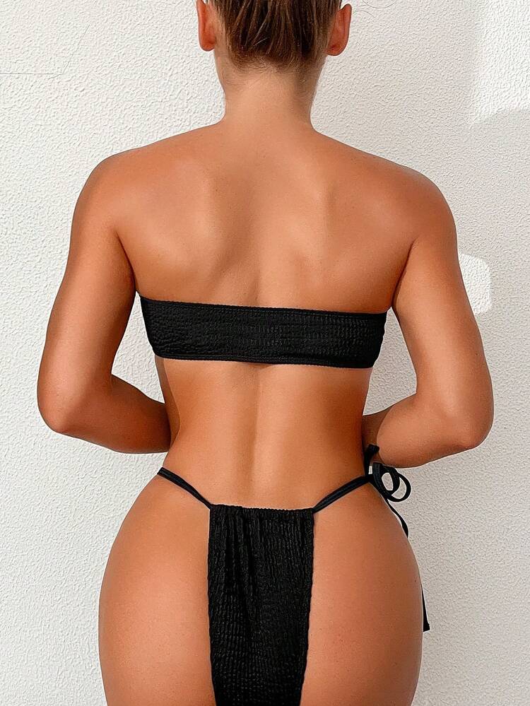 Women Solid Color Hollow Out Strap Bandeau Bikini Set With Separated Bikini Set For Summer Beach