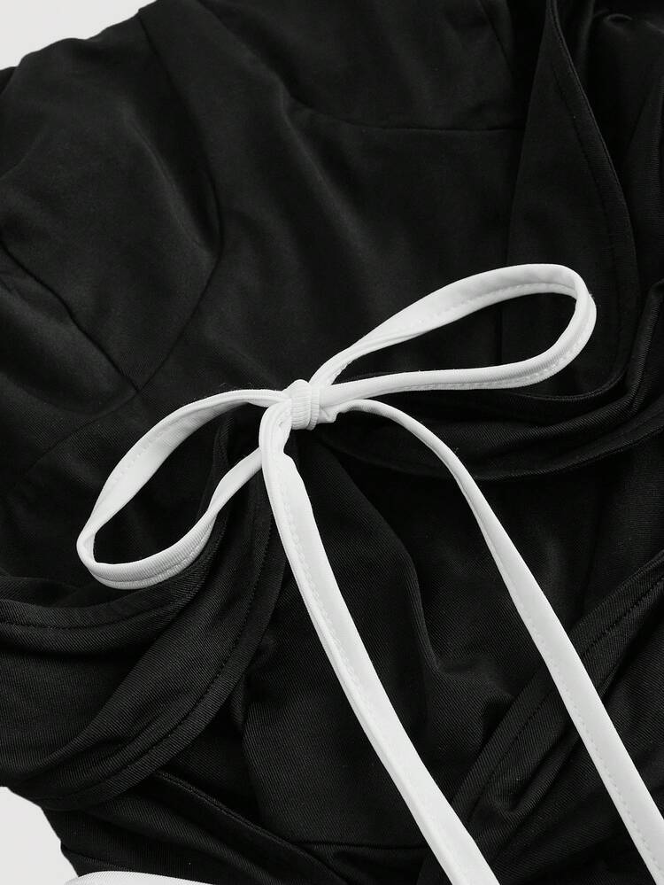 Asymmetrical Black Colorblock Strapless Top With Bowknot&Hollow Out Decoration&Curly Hem For Summer