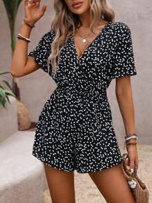 SHEIN LUNE Women's Summer Heart Print Overlap V-Neck Ruffle Short Sleeve Loose Romper