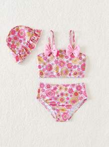 SHEIN Bộ đồ bơi và quần bơi có nơ hoa cho bé gái sơ sinh - Hồng - Xem 5