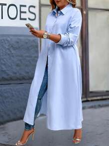 SHEIN LUNE Plus Size Women's Solid Color Long Shirt Dress Winter Fall Autumn - Baby Blue - View 1