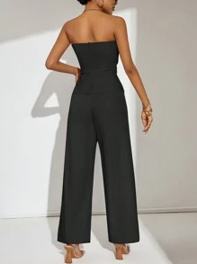 SHEIN Privé 女士無紋管狀上衣，具有褶起的腰部和直筒褲兩件套設計 - 黑色 - 查看 2