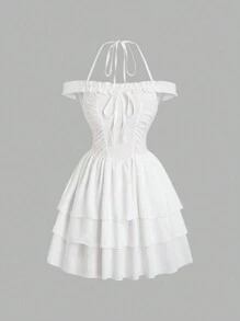 SHEIN Unity Solid Color Off Shoulder Multi-Layer Ruffle Halter Neck Dress - White - View 6