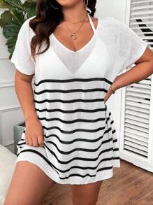 Swim Lushoire Vestido de playa holgado para el verano en tallas grandes con cuello redondo, manga tipo murciélago y rayas