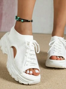 女士休閒透氣針織運動鞋，中空設計，柔軟輕盈鞋底，厚底斜跟，適用於2024年夏季 - 白色 - 查看 2
