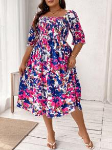 SHEIN Clasi Vestido de manga curta com decote quadrado e estampa floral para mulheres de Plus Size, estilo de férias de verão - Roxo - Visão 4