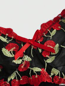 ROMWE Kawaii Cherry Embroidery Sheer Mesh Bra And Panty Set - Multicolor - View 4