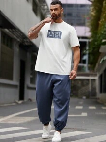 EASEVO 2 Cái/bộ Nam Plus Kích Thước Áo Sơ Mi Tay Ngắn In Chữ Và Quần Jogger Ôm Cho Mùa Xuân/Hè - Màu xanh lam - Xem 5