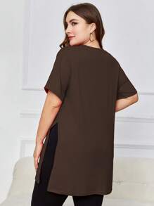 INAWLY Kích thước lớn NỮ Mùa hè Màu thuần Vòng cổ Ngắn tay Giải trí Áo thun Với Bên Viền mép - Cà phê nâu - Xem 2