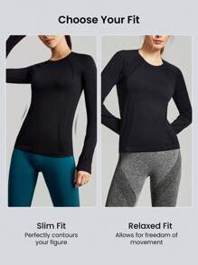 GLOWMODE Seamless Coolmax® Jacquard Relaxed Fit Long Sleeve Tee Workout Daily Summer - Black - View 2