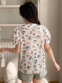 DAZY 夏季休闲植物印花婴儿彼得潘领泡泡袖短袖衬衫、短袖上衣 - 米色 - 查看 5