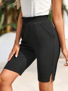 EMERY ROSE 女性彈性腰針織通勤短褲，帶褶邊設計