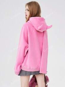 ELFSACK Pink Warm Hooded For Women 2024 Fit In Spring Loose Sweet Style Embroidered Top