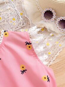 Tween Girl Summer Casual Lace & Patchwork & Ditsy Floral Print Blouse - Pink - View 4
