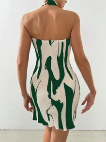 SHEIN Privé Vestido de moda de cuello halter con contraste de colores verde y blanco para mujer - Verde - Ver 2