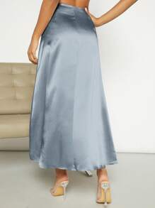 SHEIN Privé Falda larga de satén de unicolor para mujer en verano - Neblina azul - Ver 2