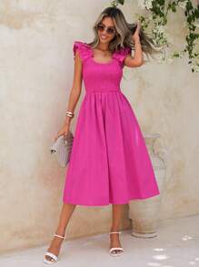 SHEIN Clasi 女士多巴胺垂褶荷叶袖长款夏季连衣裙