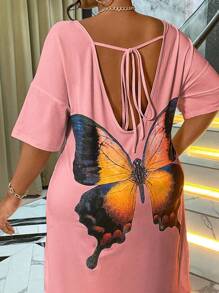 Maweii Plus Size In hình cổ tròn tay ngắn buộc dây phía sau - Hồng - Xem 4