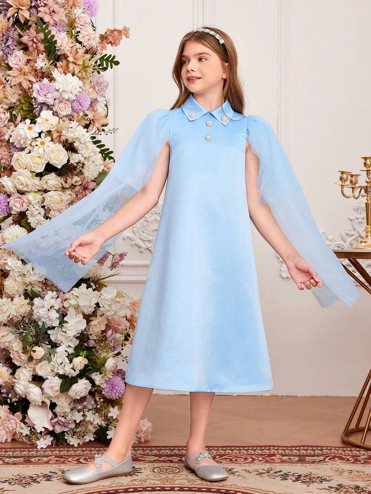Tween Girl Elegant And Graceful Spring Summer Satin And Mesh Splicing Round Neck Cape Sleeve Dress