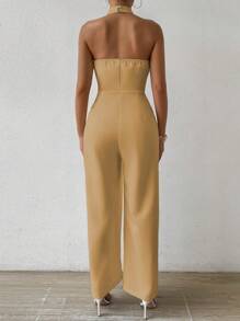 Calvaya Women Summer Solid Color Halter Neck High Waist Split Jumpsuit