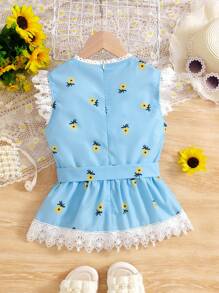 Maglietta senza maniche estiva per ragazze Tween con pizzo , fiori e patchwork
