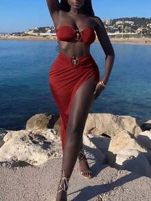 Slaydiva Áo ống tròn quây và váy xẻ cao vòng tròn - Đỏ - Xem 3