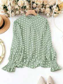 SHEIN Clasi Plus Size Polka Dot Printed Long Sleeve Casual Blouse For Spring And Summer