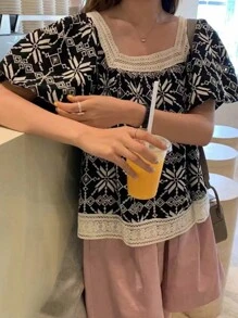 DAZY Women Fashion Printed Short Sleeve Square Neck Blouse Babydoll Top - Black - View 4