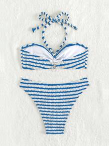 Swim Mod 拼色條紋兩件式比基尼套裝，適用於度假、夏季沙灘 - 藍色 - 查看 2