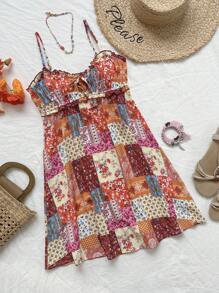 Soleia Patchwork Printed Ruffle Trimmed Strappy Dress - Multicolor - View 1