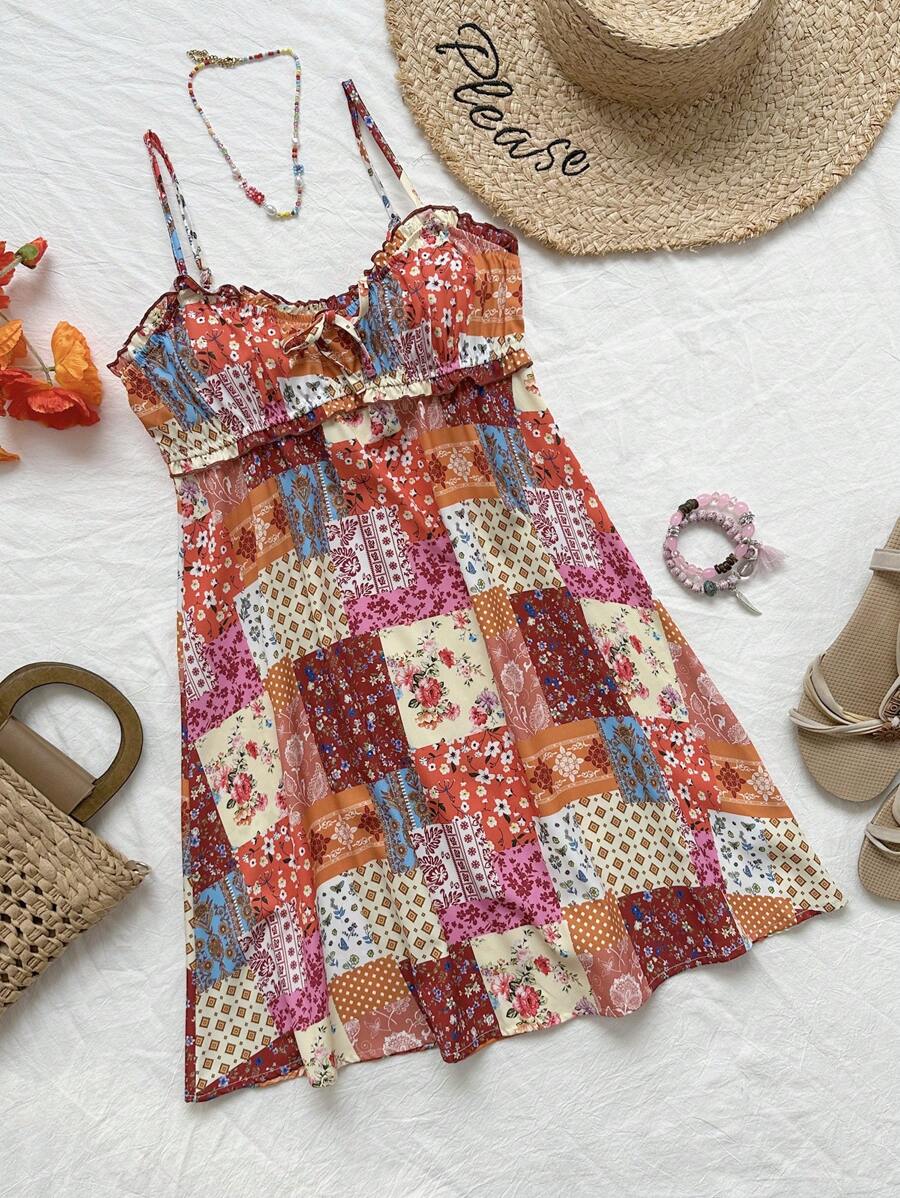 Soleia Patchwork Printed Ruffle Trimmed Strappy Dress - Multicolor - View 1