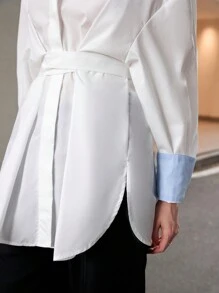 SHEIN Privé Commuter Oversized Color Block Cuff Long Sleeve Tie-Front Shirt