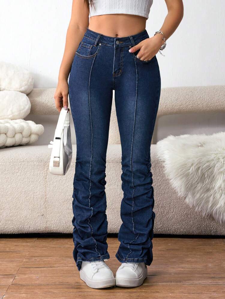 Women Casual Flared Jeans With Folded Hem And Pocket