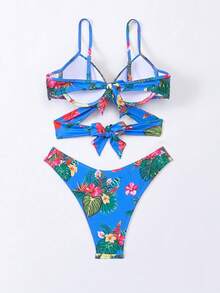 SHEIN Swim 夏季沙灘熱帶印花綁頸比基尼套裝 - 彩色 - 查看 4