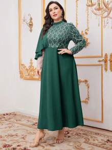 Modelyn Plus Size Embroidered Mesh Contrast Sequin Stand-Up Collar Dress Long Evening Dresses