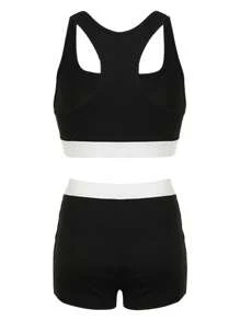 INAWLY Bộ đồ hai mảnh phối màu thường ngày cho nữ mùa hè và quần short Slim Fit - màu đen - Xem 2