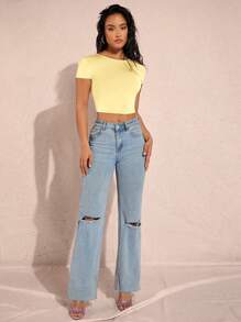 SHEIN BAE 女士純色露背修身短上衣T恤，適用於夏季 - 黃色 - 查看 5