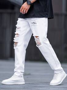 Manfinity EMRG Men White Distressed Skinny Jeans - White - View 5