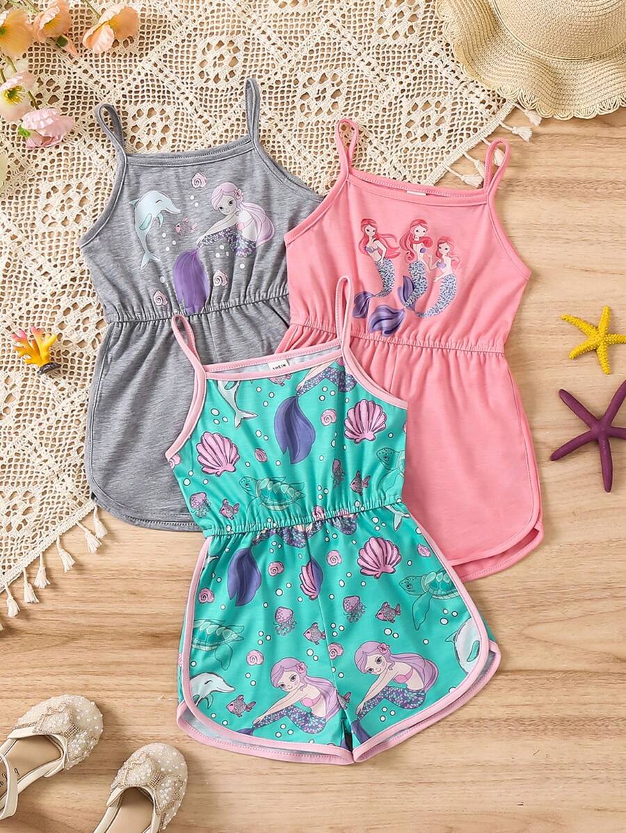 SHEIN Bộ áo liền quần có dây đeo spaghetti in hình nàng tiên cá thông thường dành cho cô gái trẻ 3 món cho mùa xuân hè - Nhiều màu - Xem 1