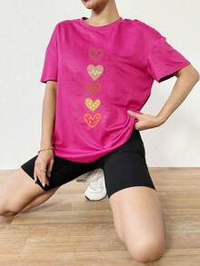 SHEIN Slayr Remera Holgada y sobredimensionada con estampado de corazón simple en los hombros caídos para verano - Rosa Fucsia - Ver 6