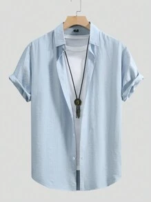 Men's Solid Color Turndown Collar Front Button Short Sleeve Shirt
