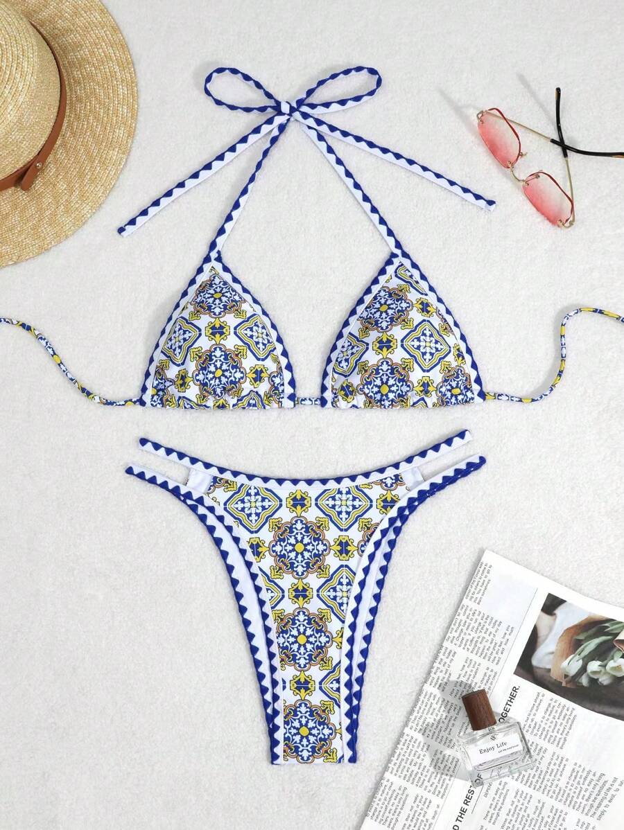 SHEIN Swim 女士复古印花比基尼套装夏季海滩 - 彩色 - 查看 1