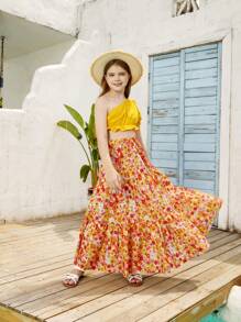 SHEIN 適合青少女穿著的寬鬆度假單肩短上衣+像蛋糕一樣的中長裙度假裝 - 彩色 - 查看 3