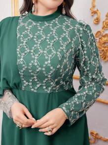 Modelyn Plus Size Embroidered Mesh Contrast Sequin Stand-Up Collar Dress Long Evening Dresses