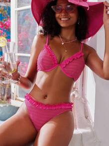 SHEIN Swim Women Solid Color Spliced Bikini Set With Ruffled Trim For Beach Vacation Summer - Hot Pink - View 5